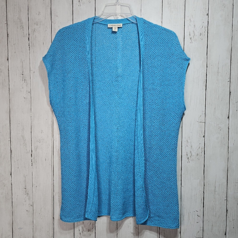 Coldwater Creek Womens Blue Open Front Linen Blend Sweater Cap Sleeve Size XL 16